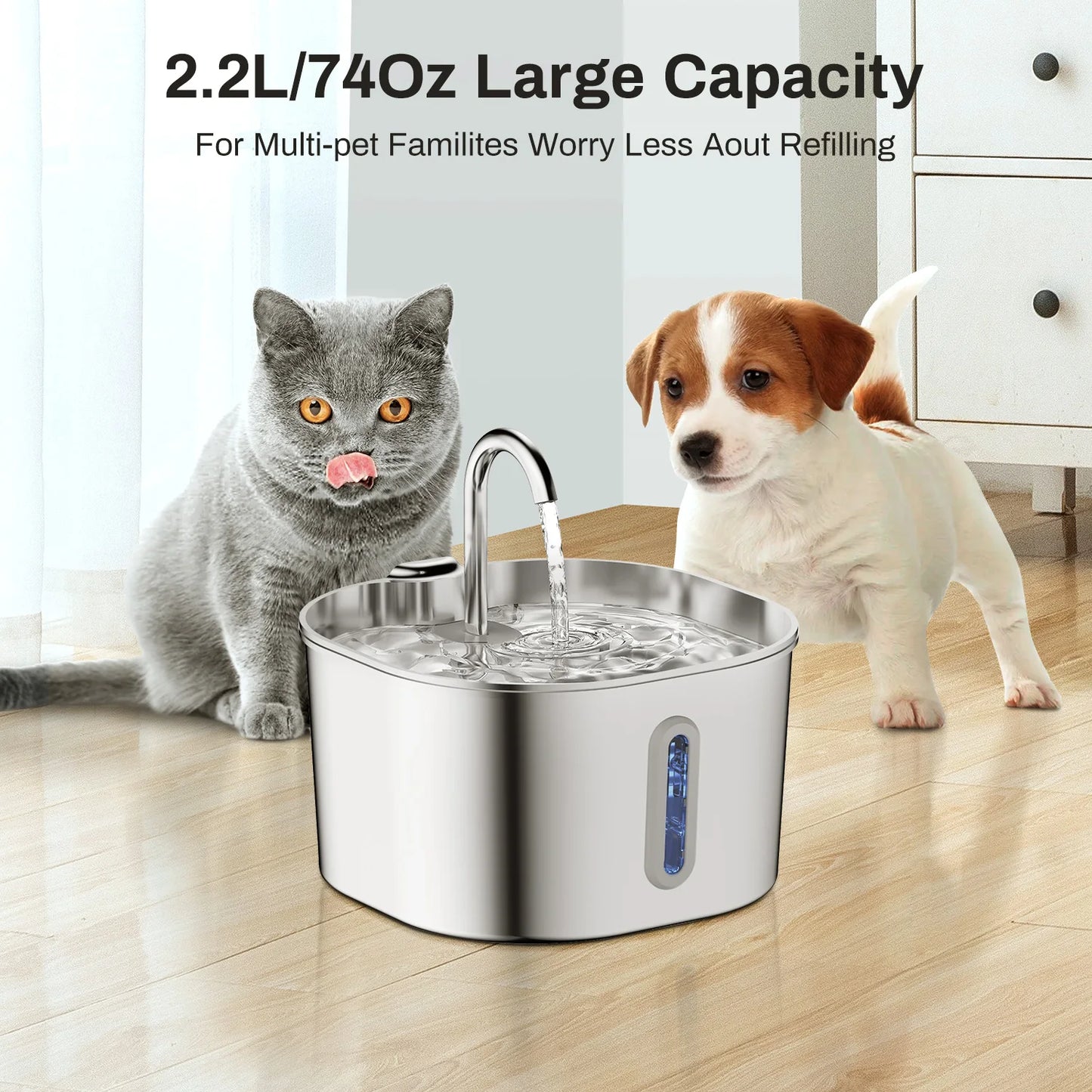 Fuente de agua para gatos de acero inoxidable, 2,2 L, dispensador de agua para mascotas con filtro, bebedero para perros para gatos, bomba de agua ultra silenciosa