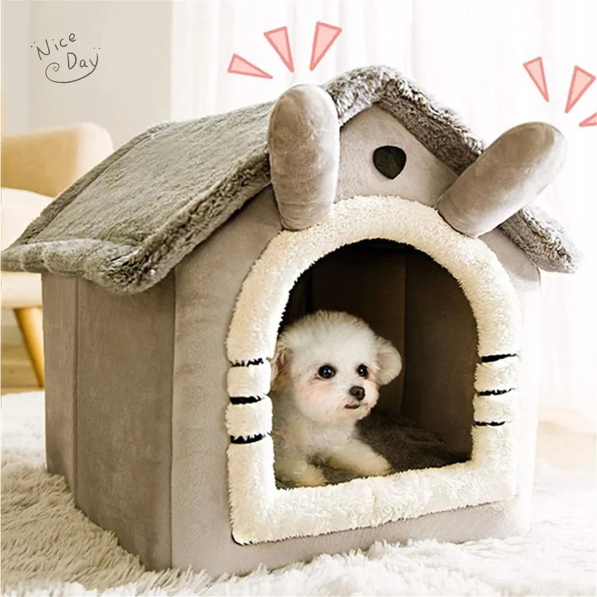 Cama Casita Iglú de Felpa para Gatos y Perros Pequeños