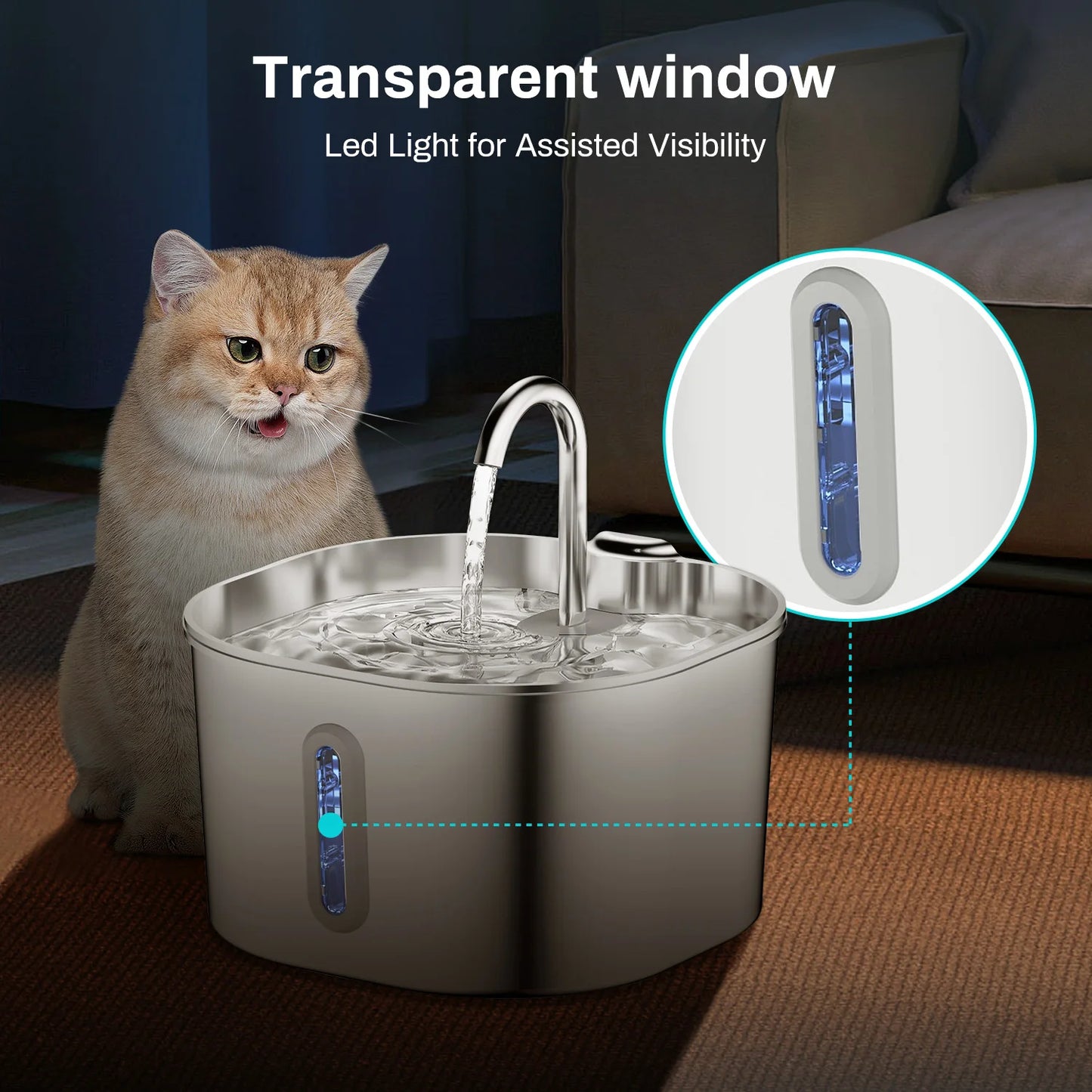 Fuente de agua para gatos de acero inoxidable, 2,2 L, dispensador de agua para mascotas con filtro, bebedero para perros para gatos, bomba de agua ultra silenciosa