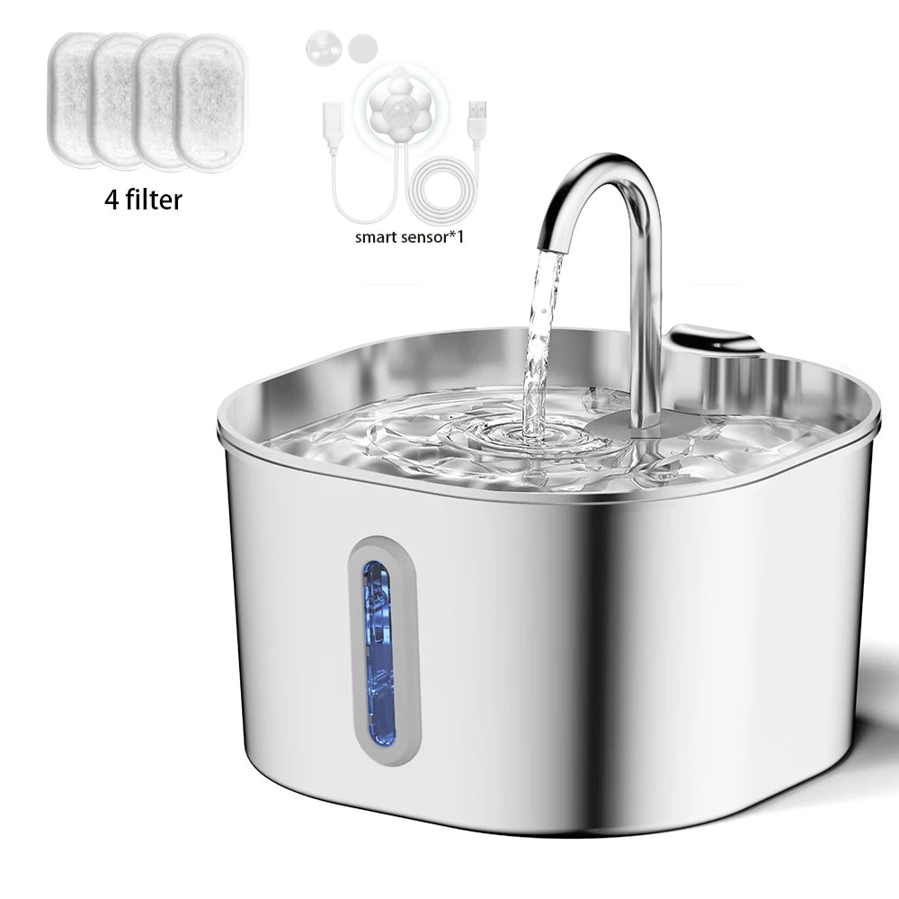 Fuente de agua para gatos de acero inoxidable, 2,2 L, dispensador de agua para mascotas con filtro, bebedero para perros para gatos, bomba de agua ultra silenciosa