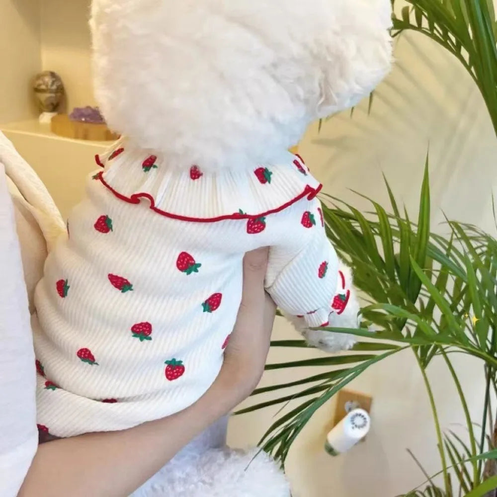 Suministros para mascotas: Camiseta con base de fresa para mascotas, ropa transpirable y a la moda, falda suave para gatos y gatitos.