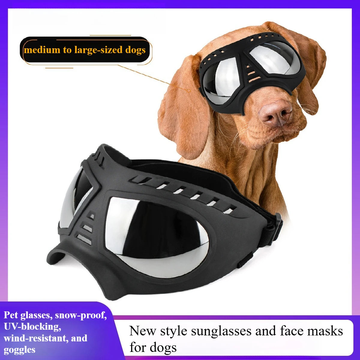 Gafas para Mascotas, Perros Medianos y Grandes, Protección contra Nieve, Bloqueo UV, Resistentes al Viento, Gafas de Sol, Máscara, Correas Ajustables