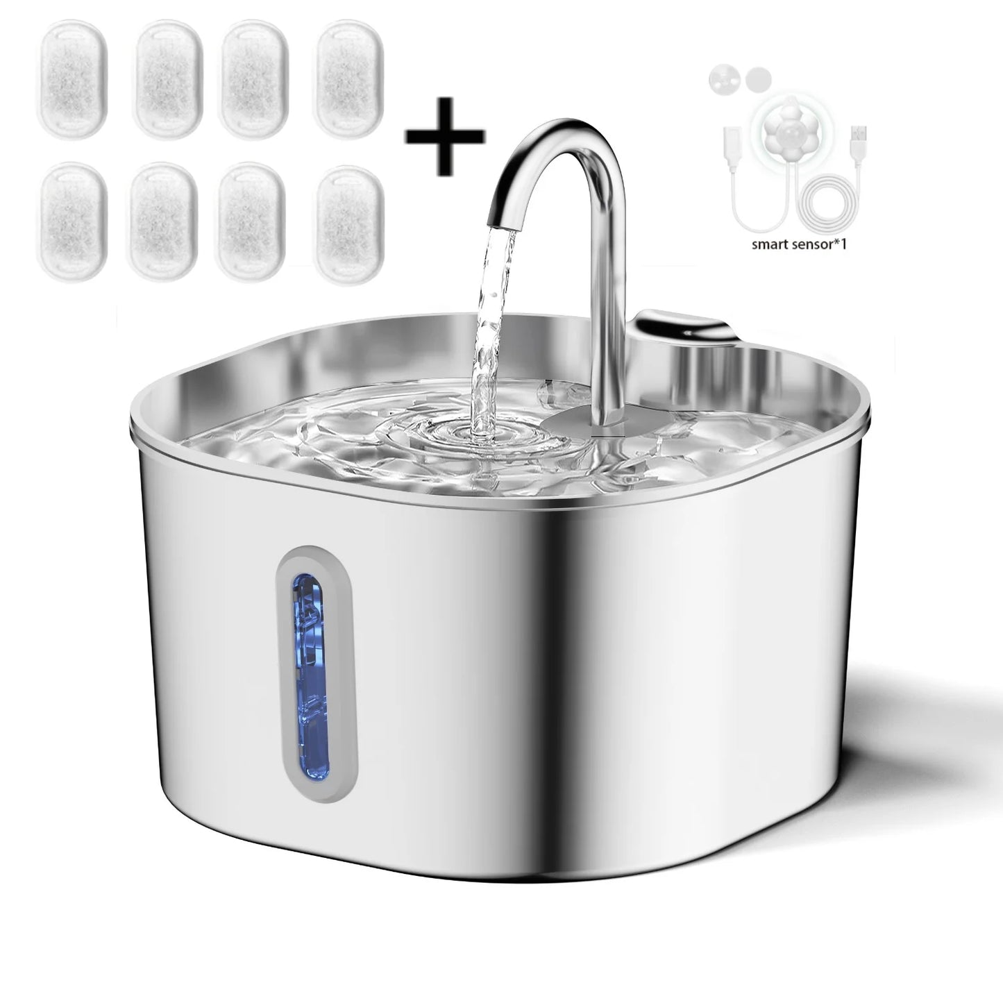 Fuente de agua para gatos de acero inoxidable, 2,2 L, dispensador de agua para mascotas con filtro, bebedero para perros para gatos, bomba de agua ultra silenciosa