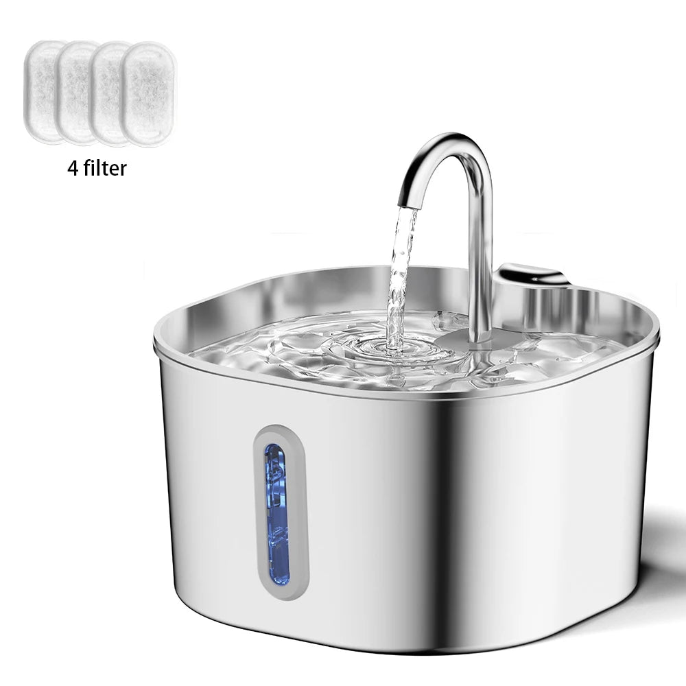 Fuente de agua para gatos de acero inoxidable, 2,2 L, dispensador de agua para mascotas con filtro, bebedero para perros para gatos, bomba de agua ultra silenciosa